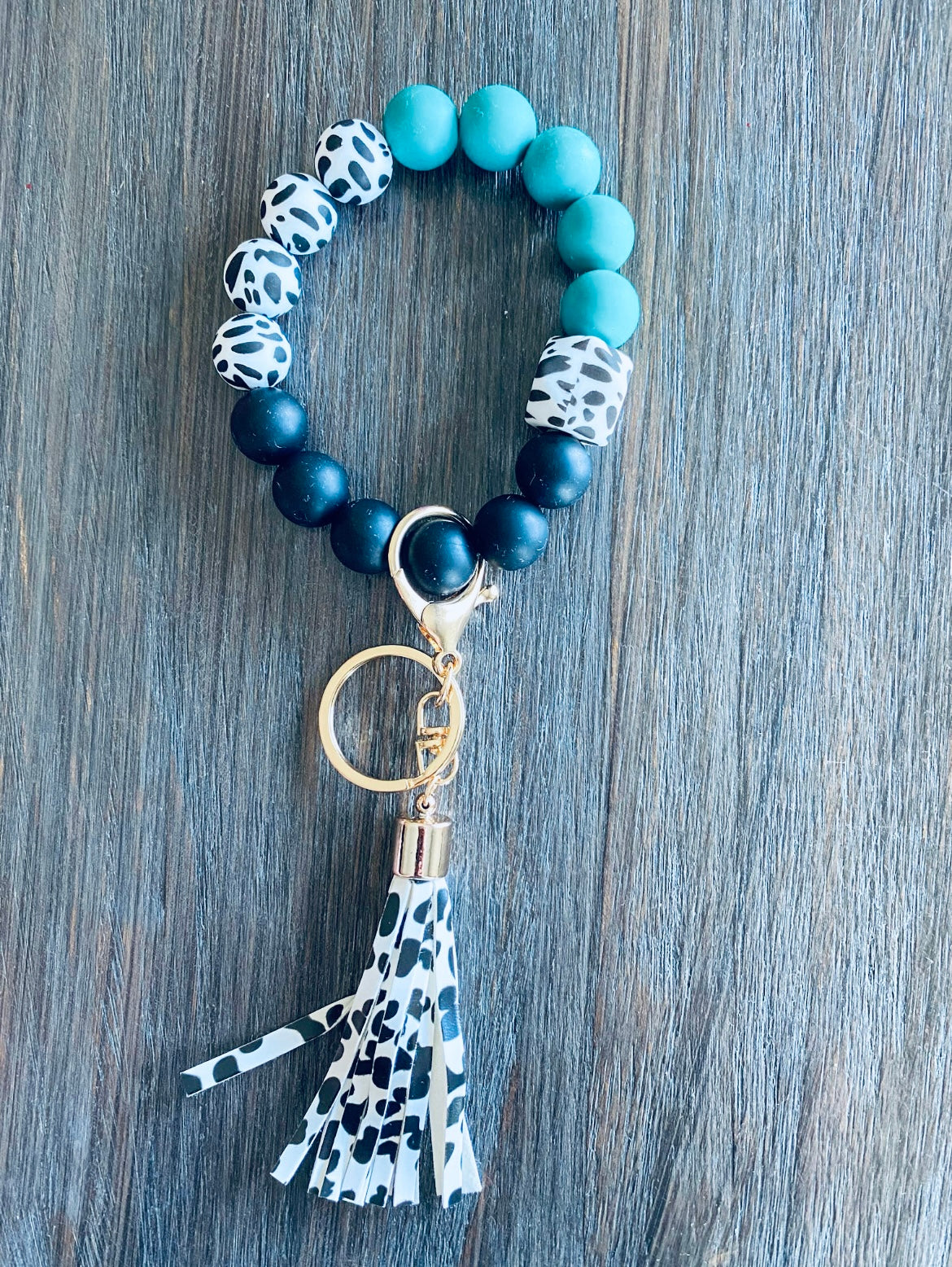 Teal and Cow Print Keychain